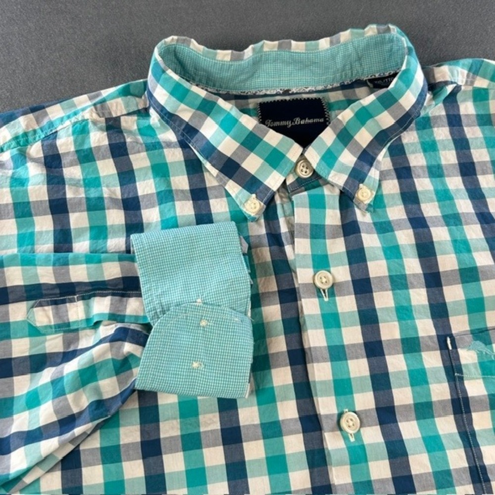 Tommy Bahama Men's Teal Navy White Button‎ Up Long Sleeve Cotton Dress shirt XXL